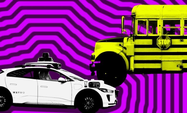 Waymo self-driving car facing a yellow school bus against a purple background.