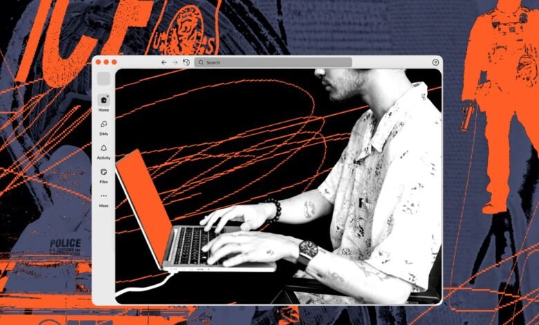 Digital art showing a person using a laptop within a browser window, with police imagery.