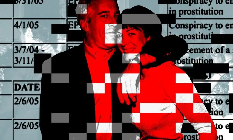Jeffrey Epstein and Ghislaine Maxwell portrait overlaid with court documents.