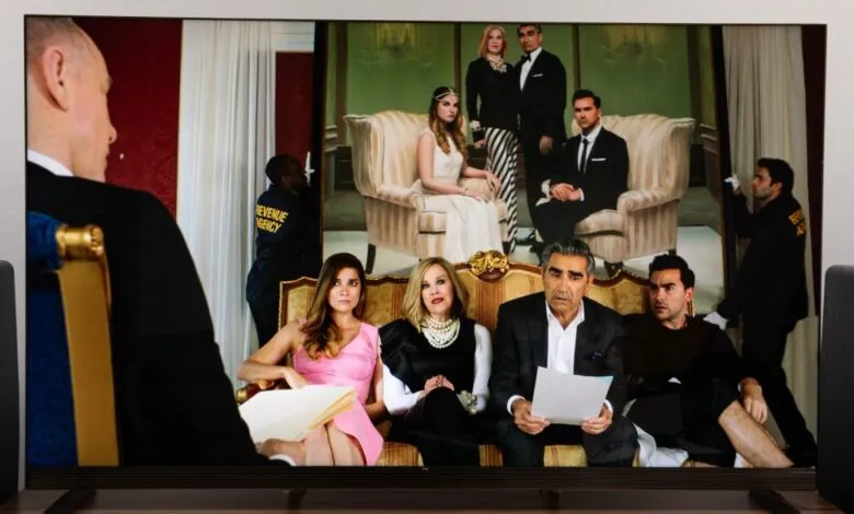 TCL TV displays 'Schitt's Creek' scene with the Rose family.
