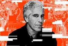 Portrait of Jeffrey Epstein with a distorted orange and white background.