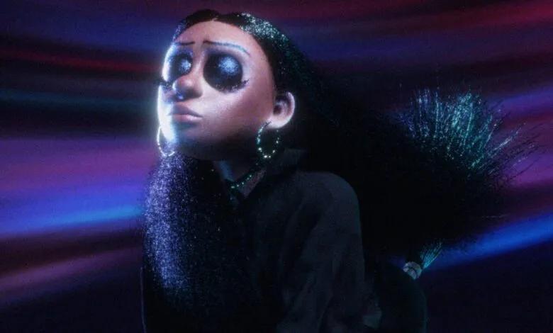 Animated character with large eyes, hoop earrings, and dark hair against a colorful background.