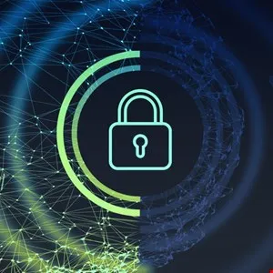 Lock icon inside circle against a network background, representing cybersecurity.