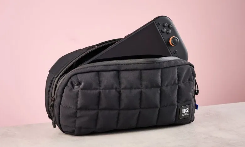 Black quilted case holding a Nintendo Switch console.