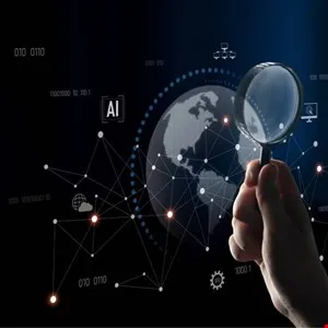 Magnifying glass held over a digital globe with AI text and network connections.