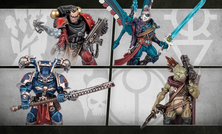 Warhammer 40k miniatures: Space Marine, Eldar, Chaos Marine, Ork.