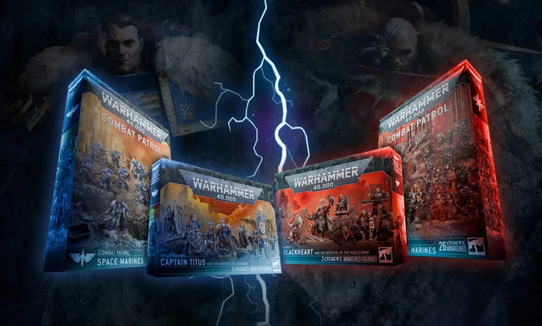 Warhammer 40k Combat Patrol boxes with Space Marines and Blackheart miniatures.