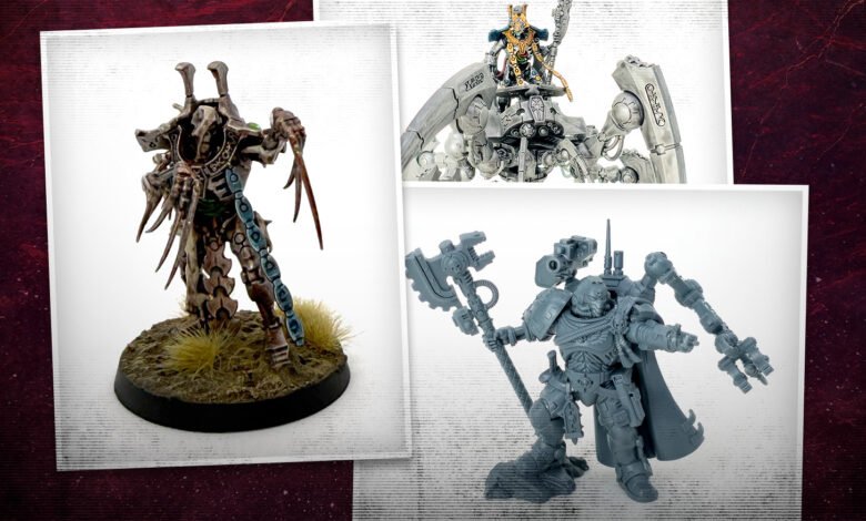 Three Warhammer 40k miniatures: a Necron, an Eldar, and a Space Marine.