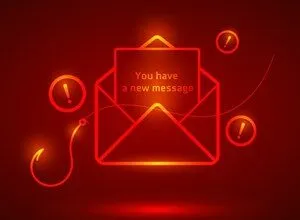 Red glowing email icon with a fishhook, representing phishing or malicious messages.