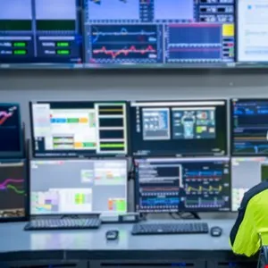 Control room with multiple monitors displaying data and graphs, person in safety vest.