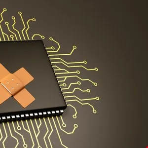 Computer chip with two bandages on it, surrounded by circuit board design.