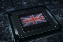 British flag displayed on a computer chip, symbolizing technology and UK.