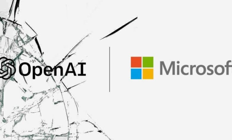 OpenAI and Microsoft logos with a shattered glass effect on the left side.
