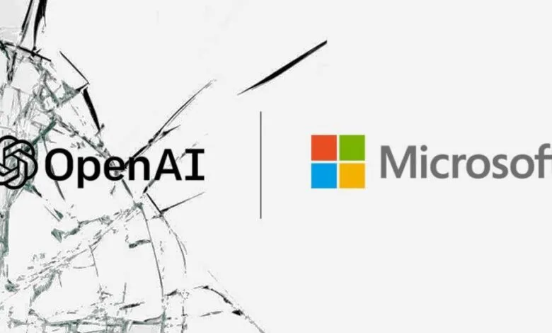 OpenAI and Microsoft logos with a shattered glass effect on the left side.