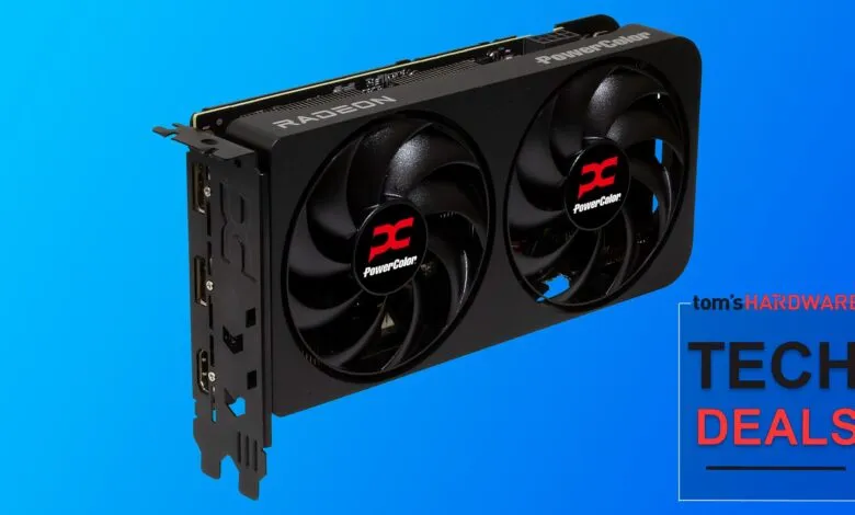 PowerColor Radeon graphics card with two fans on a blue background.