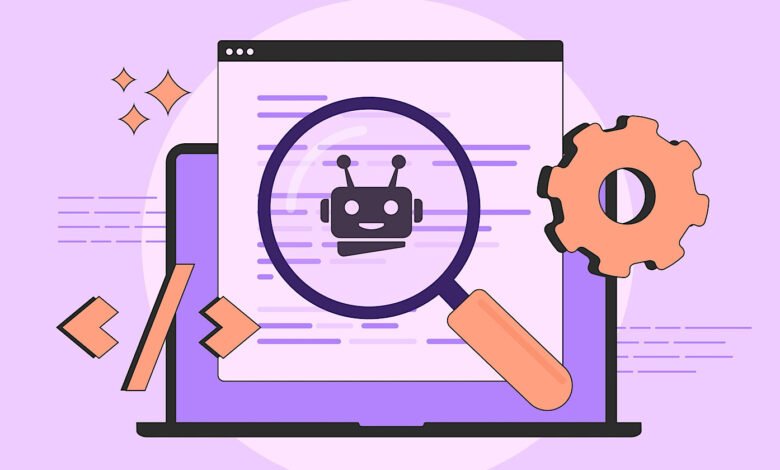 AI code generation concept with robot, code, and gear icons.