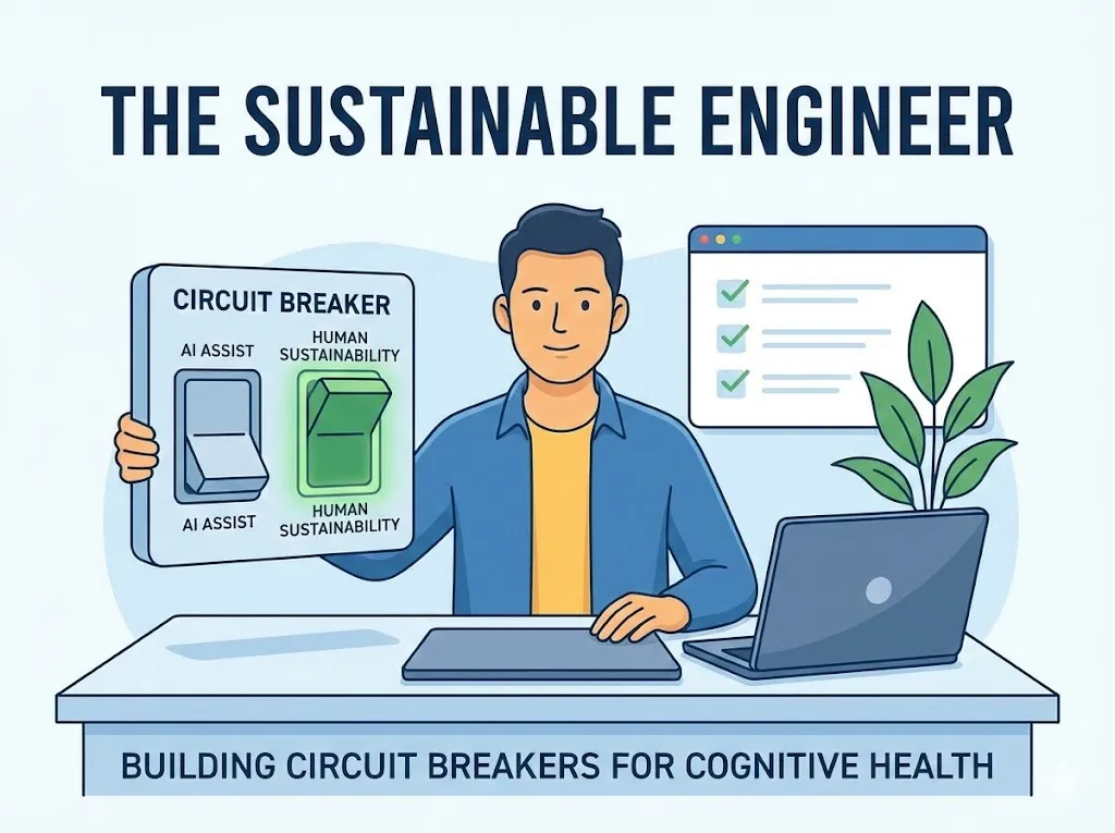 Cartoon of engineer holding circuit breaker with switch for human sustainability.