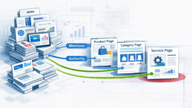 Digital PR illustration showing mentions and authority leading to service page.