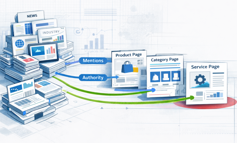 Digital PR illustration showing mentions and authority leading to service page.