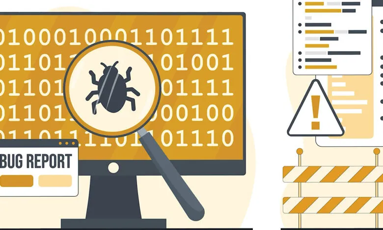 Illustration of a computer screen with binary code and a bug under a magnifying glass.