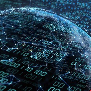 Digital globe overlayed with binary code and network connections, symbolizing global data.