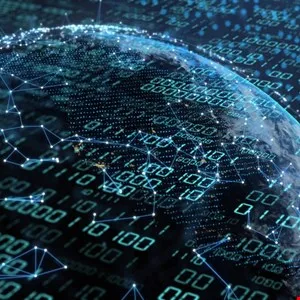 Digital globe overlayed with binary code and network connections, symbolizing global data.