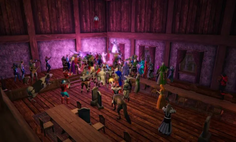 Large group of diverse avatars dancing at a virtual party in a wooden hall.