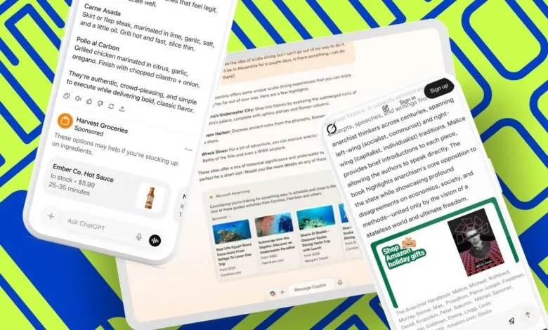 Three phone screens showing different apps: recipe suggestions, travel ideas, and a book on anarchism.