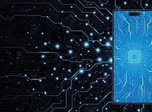 Circuit board design with a smartphone overlay, showcasing technology and connectivity.