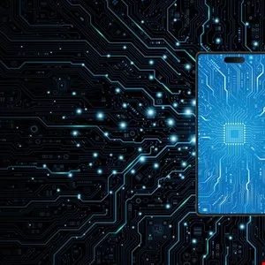 Circuit board design with a smartphone overlay, showcasing technology and connectivity.