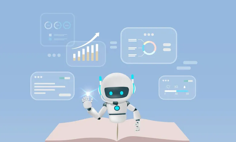 AI robot with headset analyzing data from open book, charts and graphs displayed.