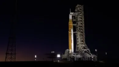 SLS rocket and Orion spacecraft stand tall at Launch Complex 39B.