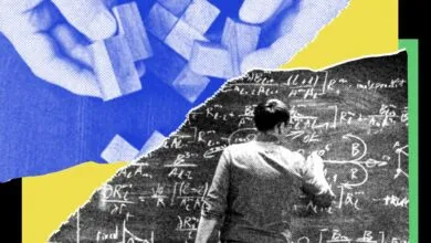 Abstract image of hands, blocks, and math equations on a chalkboard.