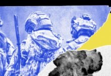 Digitally altered image of soldiers in gear with explosion graphic.