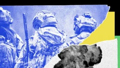 Digitally altered image of soldiers in gear with explosion graphic.