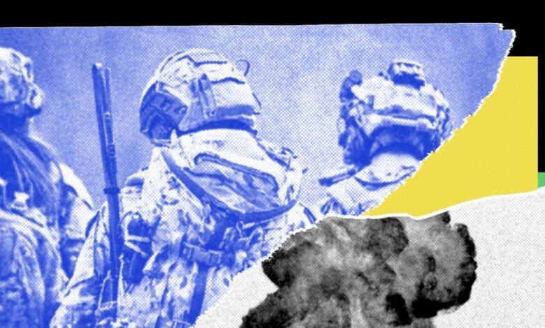 Digitally altered image of soldiers in gear with explosion graphic.