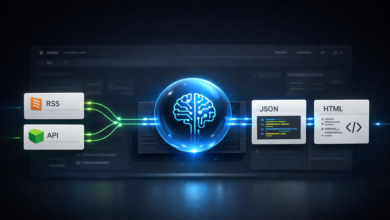AI workflow diagram showing data flow from RSS/API to JSON/HTML via AI brain.
