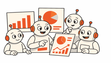 Four cartoon robots analyze charts and graphs, indicating data analysis.