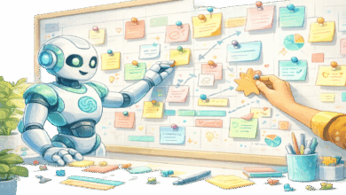 Robot and human hand collaborate on a content calendar with sticky notes.
