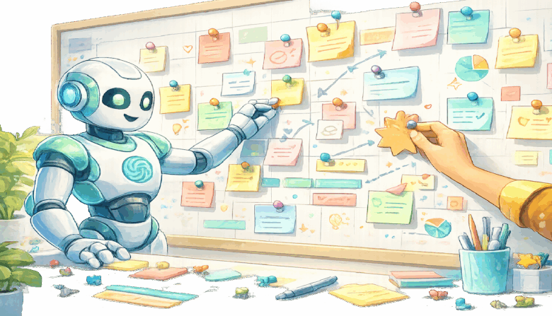 Robot and human hand collaborate on a content calendar with sticky notes.