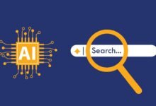 AI chip graphic next to search bar with magnifying glass on blue background.