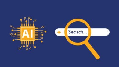 AI chip graphic next to search bar with magnifying glass on blue background.