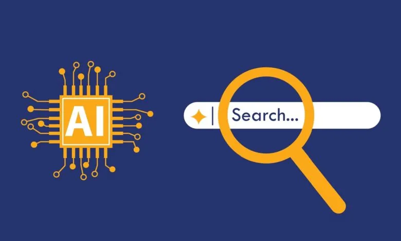 AI chip graphic next to search bar with magnifying glass on blue background.