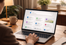 Person using laptop with search results displayed on screen.