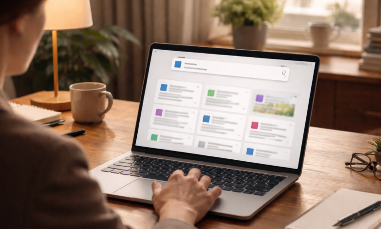 Person using laptop with search results displayed on screen.