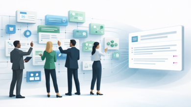 Four professionals analyze interconnected data on a digital interface.