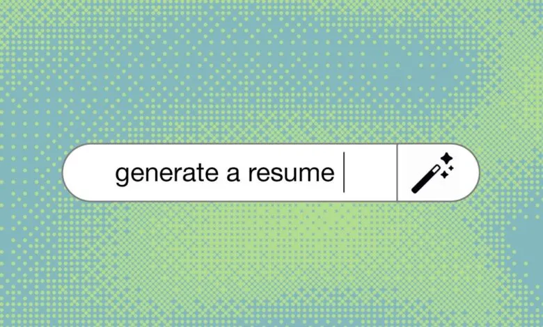 Search bar with 'generate a resume' and a magic wand icon.