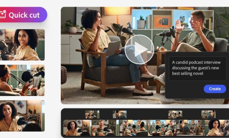 Adobe Quick Cut interface showing podcast editing with two people recording.