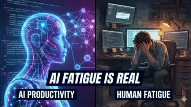 Split image: AI productivity vs. human fatigue, showing AI head and stressed coder.