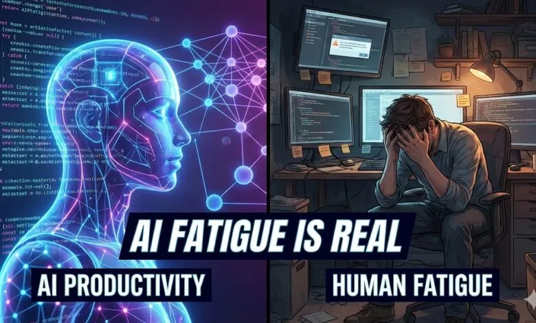 Split image: AI productivity vs. human fatigue, showing AI head and stressed coder.